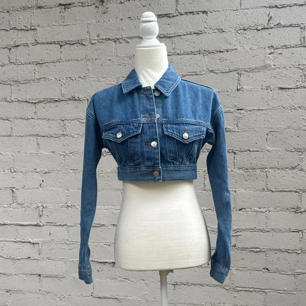 Topshop MOTO Cropped Denim Jacket Size 2 - Picture 2 of 11